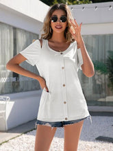 Load image into Gallery viewer, Decorative Button Round Neck Cold Shoulder T-Shirt
