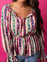 Load image into Gallery viewer, Striped Tie Neck Flounce Sleeve Babydoll Top