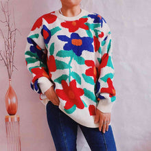 Load image into Gallery viewer, Floral Print Round Neck Drop Shoulder Sweater