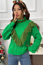 Load image into Gallery viewer, Cable-Knit Ruffled Mock Neck Lantern Sleeve Sweater