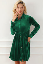 Load image into Gallery viewer, Ruched Button Up Collared Neck Long Sleeve Shirt Dress