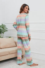 Load image into Gallery viewer, Striped Round Neck Long Sleeve Top and Drawstring Pants Lounge Set