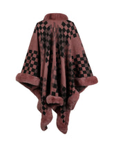 Load image into Gallery viewer, Checkered Faux Fur Trim Poncho
