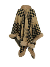 Load image into Gallery viewer, Checkered Faux Fur Trim Poncho