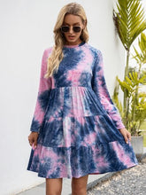 Load image into Gallery viewer, Tie-Dye Round Neck Long Sleeve Tiered Dress