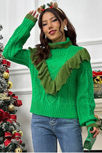 Load image into Gallery viewer, Cable-Knit Ruffled Mock Neck Lantern Sleeve Sweater