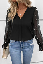 Load image into Gallery viewer, Pearl Detail V-Neck Flounce Sleeve Blouse