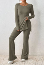 Load image into Gallery viewer, Ribbed Long Sleeve Slit Top and Bootcut Pants Set