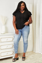 Load image into Gallery viewer, Double Take Eyelet Tie-Neck Flutter Sleeve Blouse