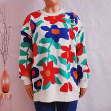 Load image into Gallery viewer, Floral Print Round Neck Drop Shoulder Sweater