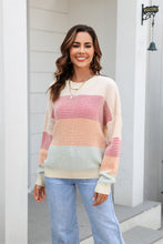 Load image into Gallery viewer, Waffle-Knit Round Neck Dropped Shoulder Color Block Sweater