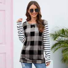 Load image into Gallery viewer, Plaid Striped Round Neck Long Sleeve T-Shirt