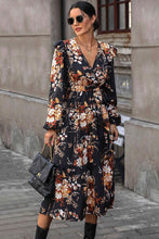 Load image into Gallery viewer, Floral Surplice Tie Front Ruffle Hem Midi Dress