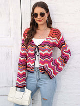 Load image into Gallery viewer, Striped Openwork Tied Cardigan
