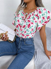 Load image into Gallery viewer, Floral Tie Neck Flutter Sleeve Blouse