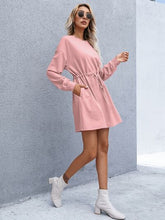 Load image into Gallery viewer, Drawstring Round Neck Dropped Shoulder Mini Dress