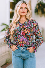 Load image into Gallery viewer, Floral Tie Neck Flounce Sleeve Blouse
