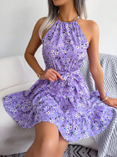 Load image into Gallery viewer, Tied Printed Grecian Neck Mini Dress