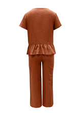 Load image into Gallery viewer, Peplum Round Neck Short Sleeve Top and Pants Set