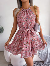 Load image into Gallery viewer, Tied Printed Grecian Neck Mini Dress