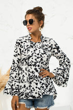 Load image into Gallery viewer, Printed Flare Sleeve Tie Neck Ruffle Trim Blouse