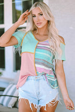 Load image into Gallery viewer, Patchwork Round Neck Cold Shoulder T-Shirt