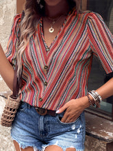 Load image into Gallery viewer, Printed V-Neck Button-Up Short Sleeve Top