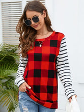 Load image into Gallery viewer, Plaid Striped Round Neck Long Sleeve T-Shirt