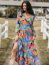 Load image into Gallery viewer, Printed Smocked Tie Neck Balloon Sleeve Maxi Dress