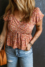 Load image into Gallery viewer, Drawstring Floral V-Neck Short Sleeve Blouse