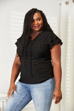 Load image into Gallery viewer, Double Take Eyelet Tie-Neck Flutter Sleeve Blouse