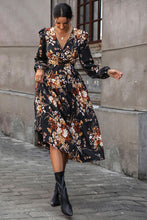 Load image into Gallery viewer, Floral Surplice Tie Front Ruffle Hem Midi Dress