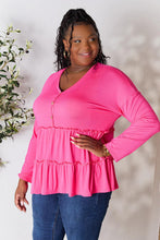 Load image into Gallery viewer, Double Take Half Button Long Sleeve Ruffle Hem Blouse