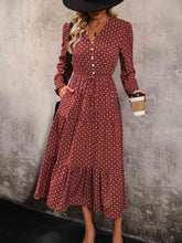 Load image into Gallery viewer, Printed Tiered V-Neck Buttoned Midi Dress